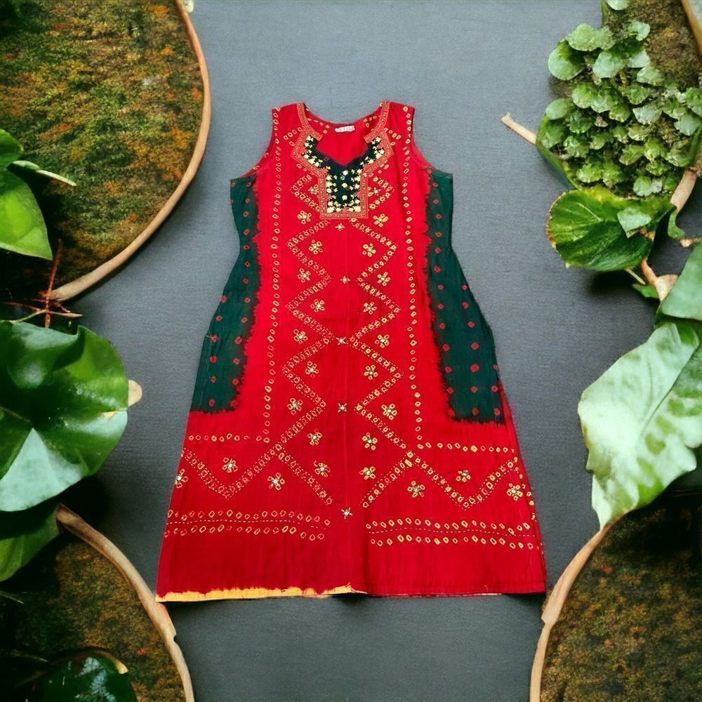 Ethnic Indian Wear Women’s Bandhni Embroidered Sleeveless Tunic Dress Shirt